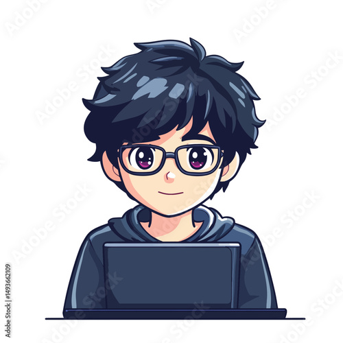 Anime Boy with Glasses Using Laptop