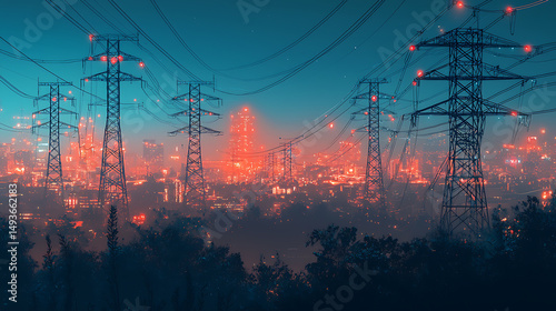 Obraz na płótnie Scenic Sky with Blossom and Power Lines Illustration w salonie