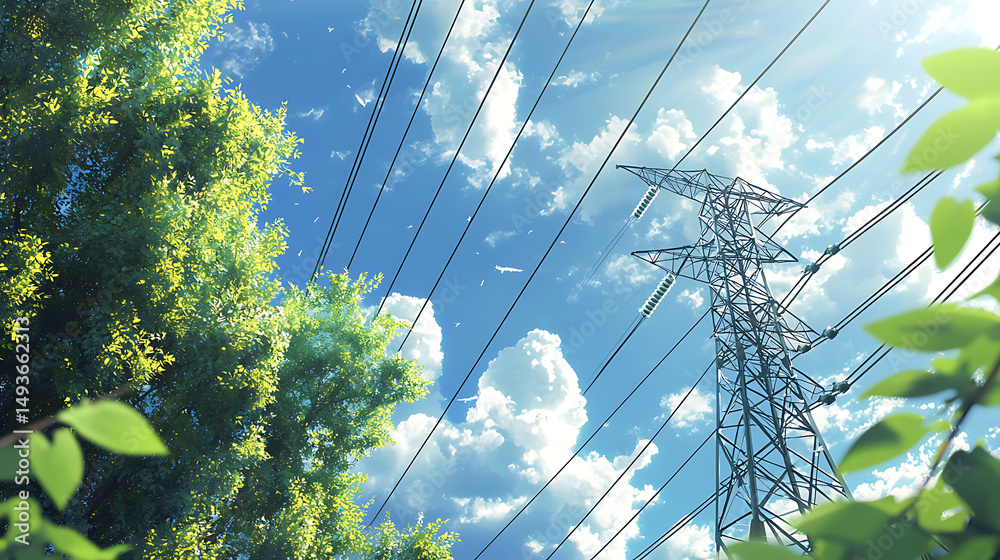 Illustration of Power Lines and Green Trees Under Blue Sky