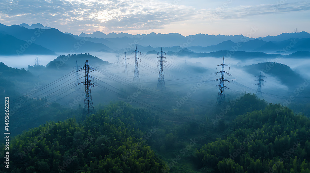 Power Lines in Foggy Mountain Landscape