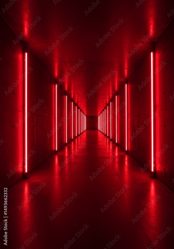 Fototapeta premium Red Neon Corridor - A long corridor illuminated by bright red neon lights, creating a dramatic and atmospheric scene