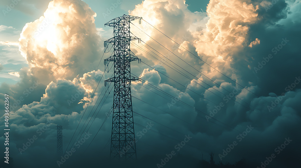 Power Transmission Tower in Dramatic Cloudy Sky