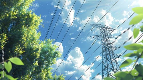 Obraz na płótnie Illustration of Power Lines and Green Trees Under Blue Sky w salonie