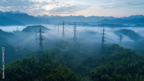 Obraz na płótnie Power Lines in Foggy Mountain Landscape w salonie