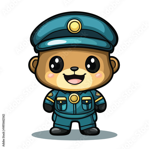 Cartoon Bear Officer with Teal Uniform and Oversized Eyes Smiling