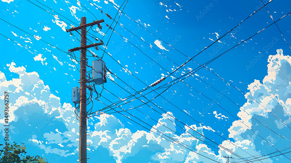 Illustration of a Utility Pole and Power Lines Against a Blue Sky