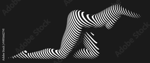 Minimalist black and white abstract art of female body formed with flowing lines on dark background. Soft flowing stripes create beautiful shapes of female body. Nude art in monochrome vector linework