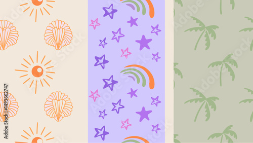 A nostalgic retro summertime vibe featuring sunshine stars and palm trees reminiscent of vintage