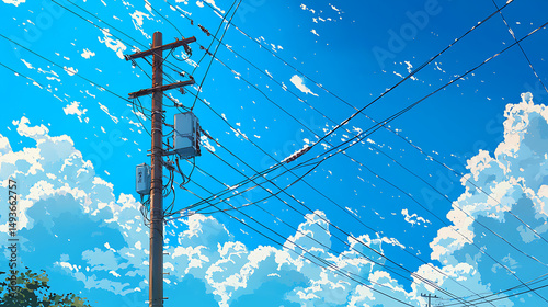 Illustration of a Utility Pole and Power Lines Against a Blue Sky