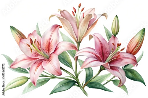 Watercolor painting of several pink and beige lily blossoms and buds isolated