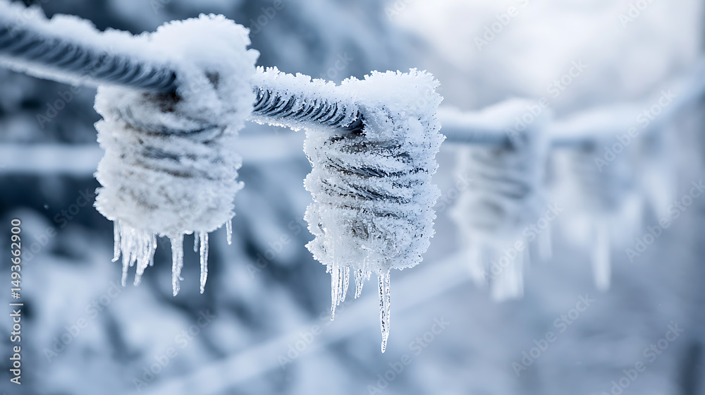 Icy Cables with Icicles in Winter Weather