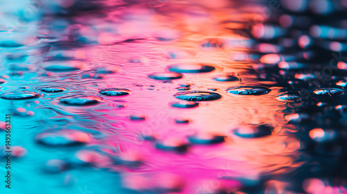 Abstract water droplets reflecting vibrant colors creating a mesmerizing visual experience and evokes creativity and imagination for design.
