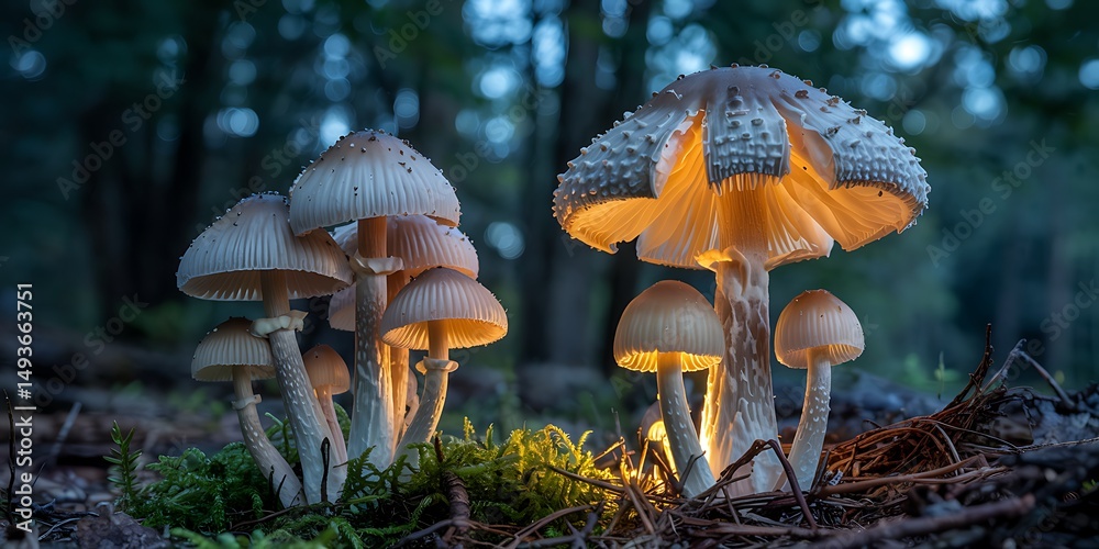 Fototapeta premium Enchanted Forest Mushrooms Glowing Underneath in a Mystical Nocturnal Setting
