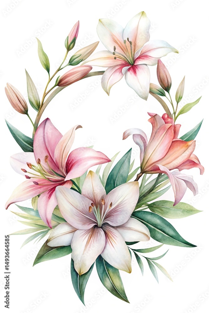 Fototapeta premium Elegant Watercolor Lily Wreath with Pastel Pink and White Petals, Green Leaves