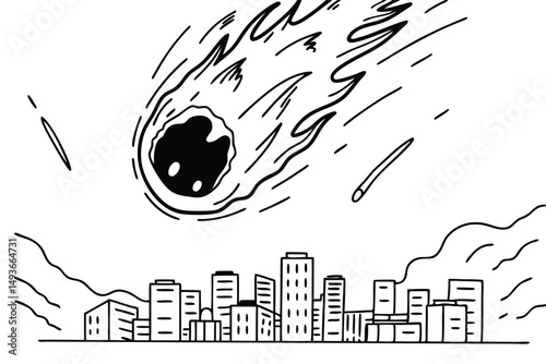 Space meteor strike destroying downtown, flaming asteroid hitting skyscrapers