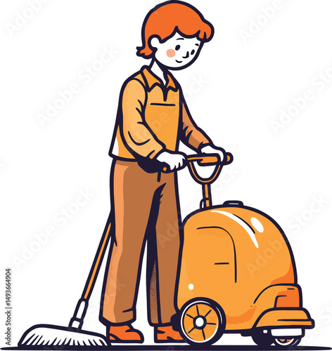 Janitorial Floor Cleaning Service Silhouette Featuring a Worker Operating a Large Industrial Cleaning Machine, Representing Professional Sanitation, Maintenance, and Hygiene Standards in Commercial 