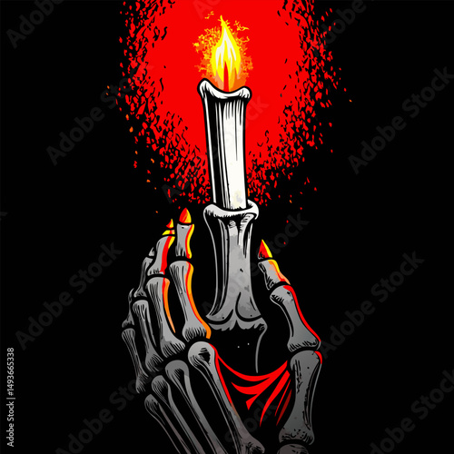 A skeletal hand gently holds a burning candle in the dark