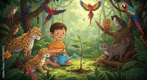 Children Discovering Wildlife in a Lush Jungle with Exotic Birds and Leopards
