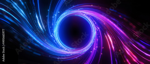 Glowing swirling vortex of vibrant light trails in blue, purple and pink color on a dark background. Concept of big data, block chain and digital technology. Template with free copy space for text.