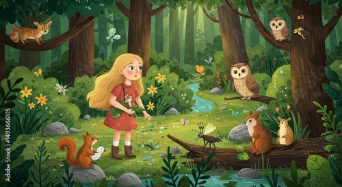 Whimsical Forest Scene with Girl and Forest Animals in a Magical Woodland