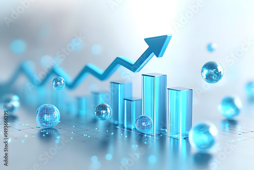 Abstract bar chart with blue upward arrow and floating digital spheres on white background, symbolizing business growth and financial success. Ai generative