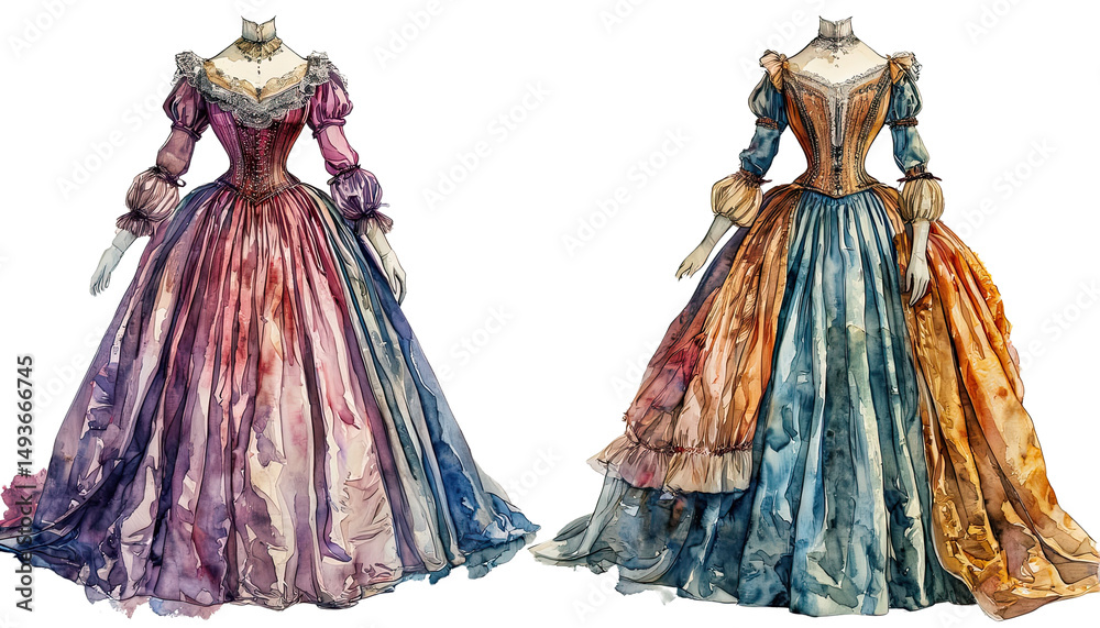 Obraz premium detailed watercolor illustrations showcase two elaborate victorian era ballgowns in shades of mauve and blue-green with orange accents.