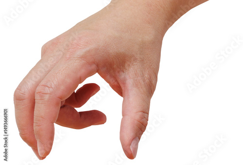 Fotografie Closeup of Man hand reach to pickup or grab things isolated cutout in transparent background
