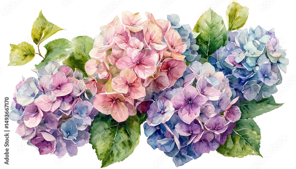 Obraz premium a delicate watercolor painting showcases a vibrant arrangement of hydrangea blooms in shades of pink, purple, and blue, complemented by lush green foliage.