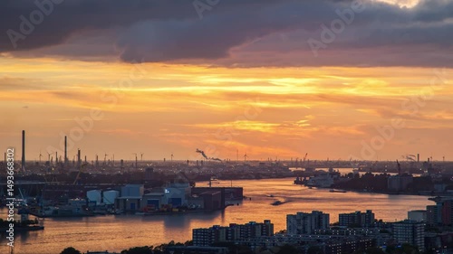 Captivating timelapse showcasing Rotterdam's port at autumn sunset