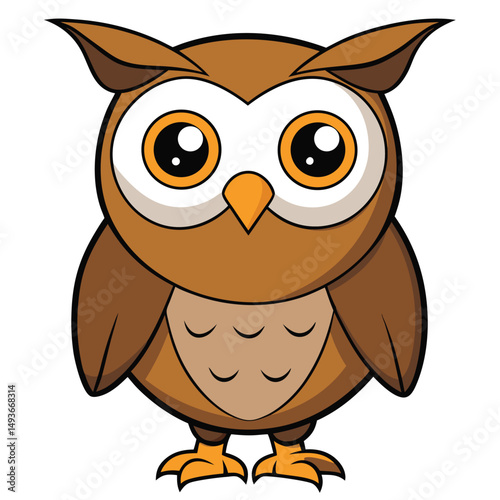 Cartoon owl is standing with big eyes and a patterned belly prominently displayed