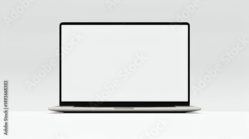 A sleek, minimalist laptop with a white screen, no visible logo or branding, and a high-resolution digital illustration on a white background.