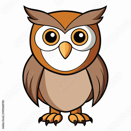 Cartoon owl stands calmly with its vibrant eyes, brown feathers and cute beak