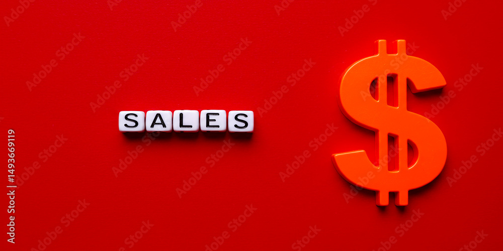 Fototapeta premium Driving Growth SALES spelled with letter blocks alongside a vibrant orange dollar sign on a on transparent background