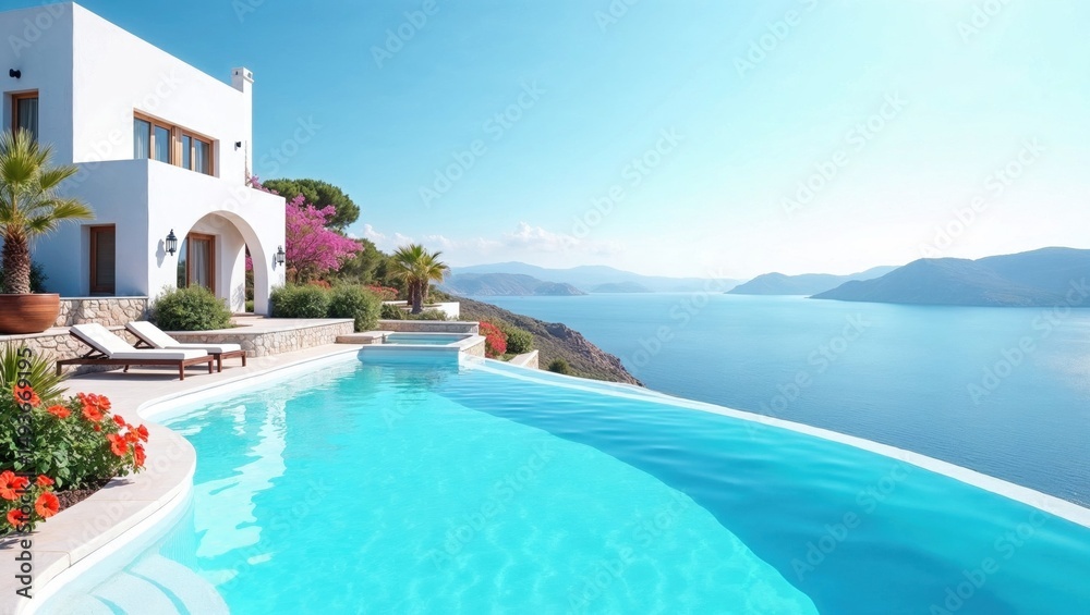 Fototapeta premium Luxury villa perched on a cliff overlooking a serene sea, featuring an infinity pool merging with the horizon, vibrant flowers, and a clear blue sky