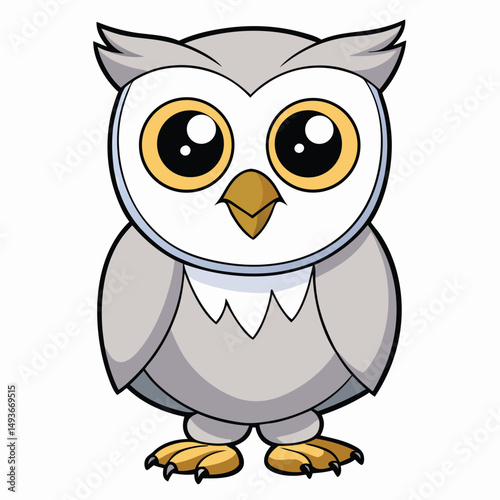 Cartoon light grey owl is looking forward with big golden eyes