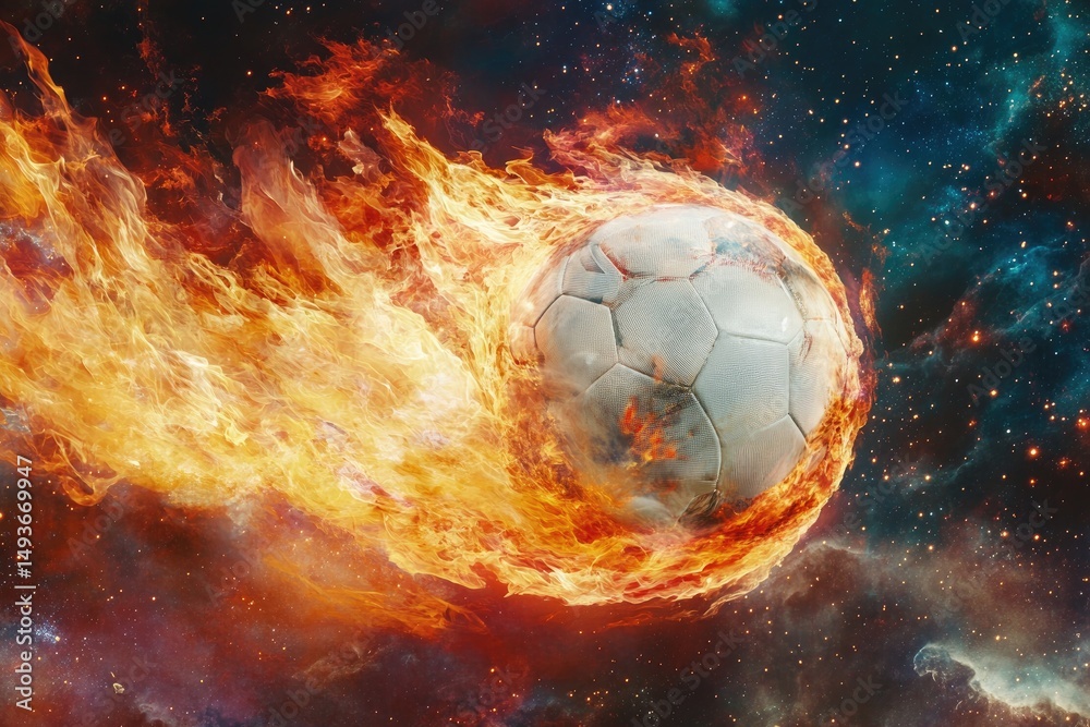 Fototapeta premium Highly visually impactful creative images. The theme of this photo is a soccer ball, with clear surface features and neat stitching. The soccer ball is surrounded by raging flames