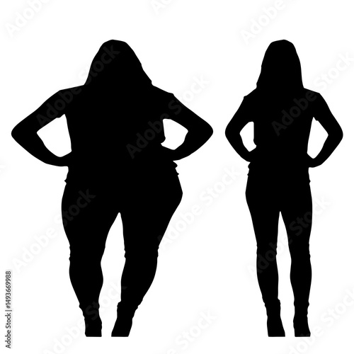 Conceptual fat overweight obese female vs slim fit healthy body after weight loss or diet on white background. A  fitness, nutrition or obesity, health shape illustration vector as silhouettes