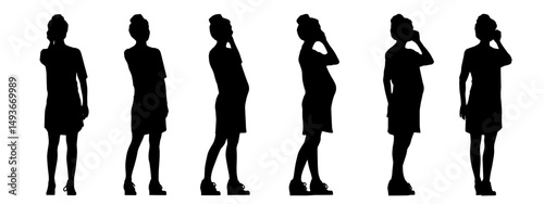 Vector concept conceptual black silhouette of a pregnant woman talking on the phone from different perspectives isolated on white. A metaphor for motherhood, communication, connection, hope and future