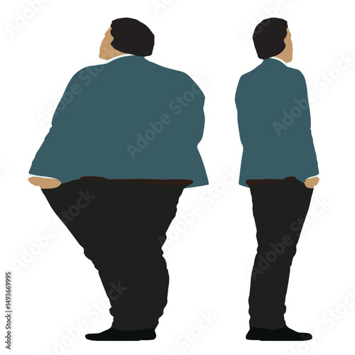 Conceptual fat overweight obese man vs slim fit healthy body after weight loss or diet, white background. A  fitness, nutrition or obesity, health care shape illustration vector as silhouettes