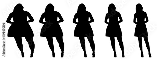 Conceptual fat overweight obese female vs slim fit healthy body after weight loss or diet on white background banner. A  fitness, nutrition or obesity, health shape illustration vector as silhouettes