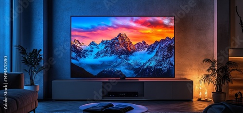 Modern living room with television showing mountainscape