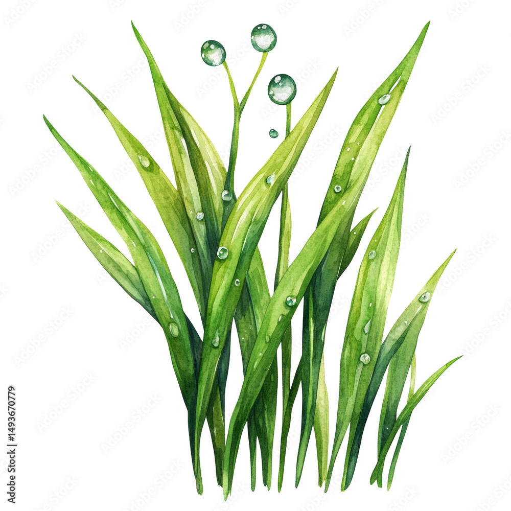 Fototapeta premium Vibrant Green Grass with Dew Drops isolated on a white background, Watercolor illustration