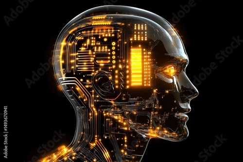 Futuristic robotic head interface digital art showcasing artificial intelligence technology and circuitry details