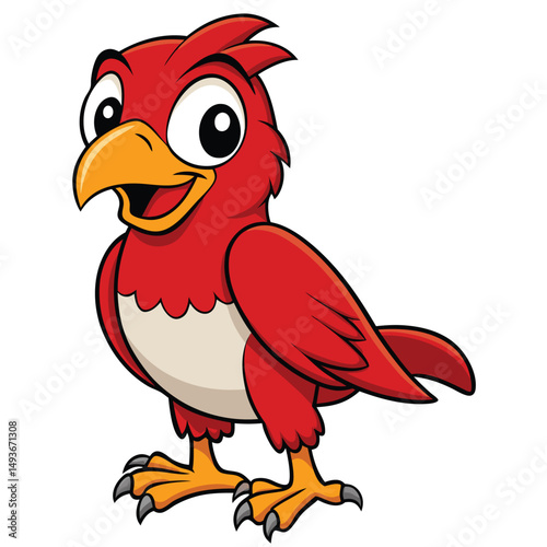Red cartoon bird with orange beak and feet is standing on white
