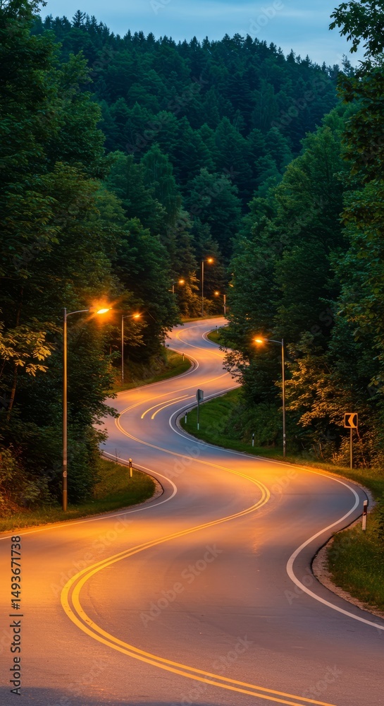 Fototapeta premium Winding Road Through Forest at Dusk - Serpentine road illuminated by streetlights winding through a lush green forest at twilight