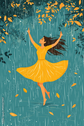 Joyful woman dancing in the rain