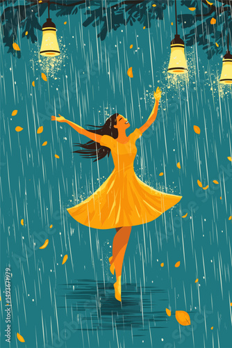 Joyful woman dancing in the rain