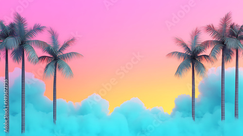 Tropical Paradise Scene: Palm Trees Silhouetted Against Vibrant Pink and Orange Sky Above Dreamy Blue Clouds Landscape.