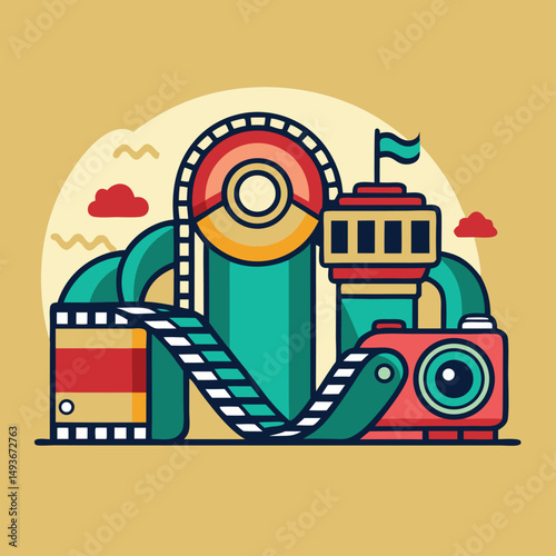 Abstract cinematic elements illustration featuring camera and film reel