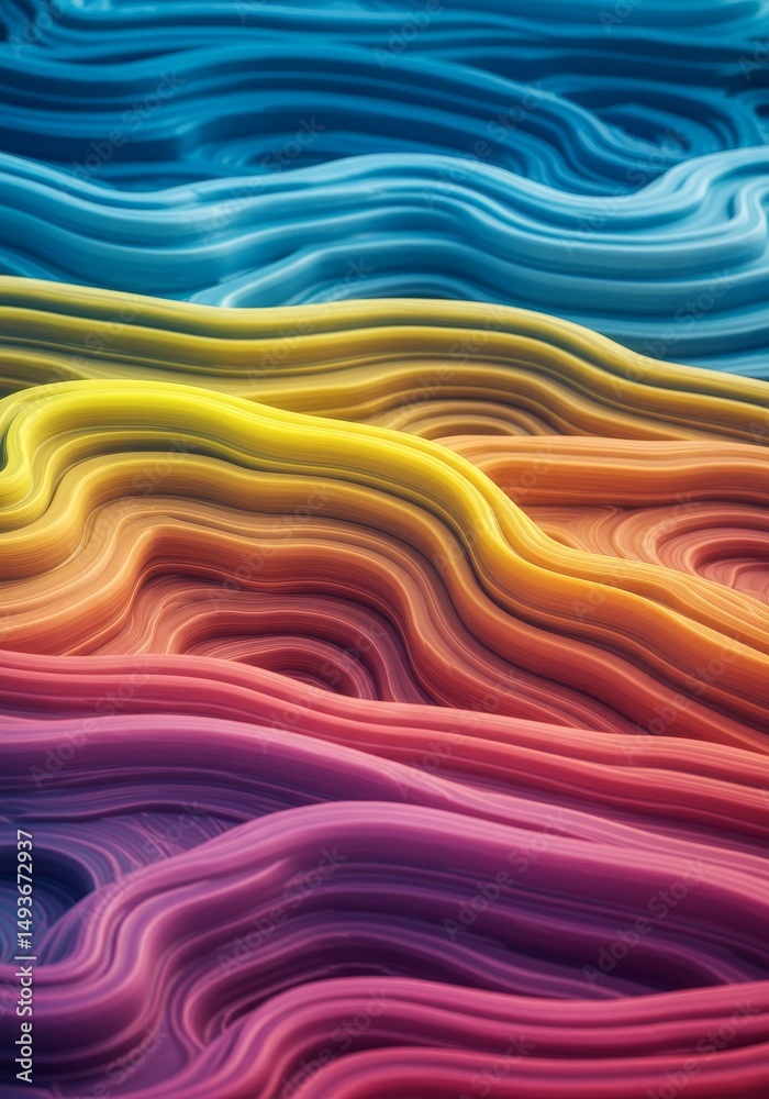 Obraz premium Abstract Colorful Wave Pattern - Vibrant abstract of flowing, layered waves in a spectrum of colors, from blues and yellows to reds and purples